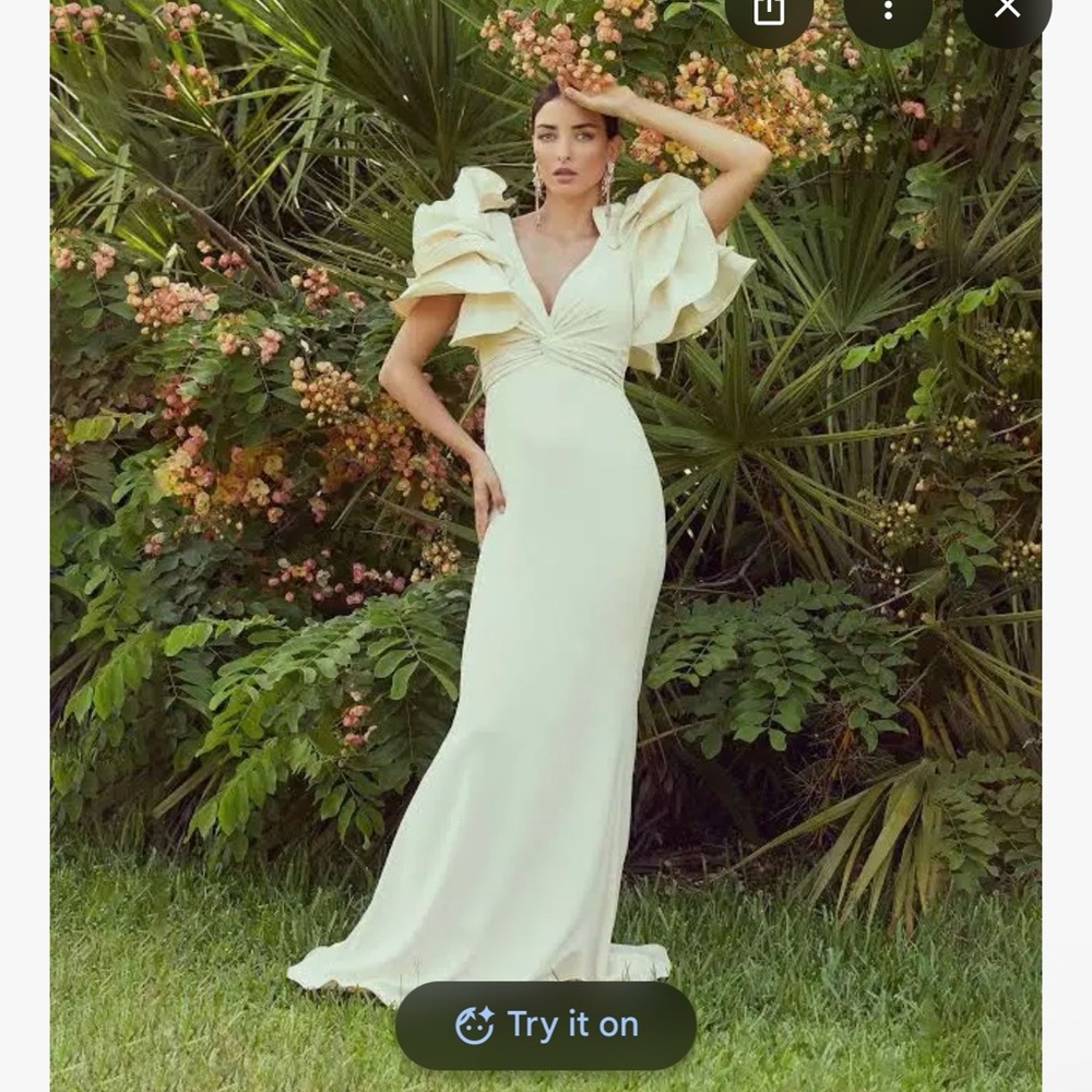 Elegant Cream Ruffled Sleeve V-Neck Evening Dress Badgley Mischka Gown